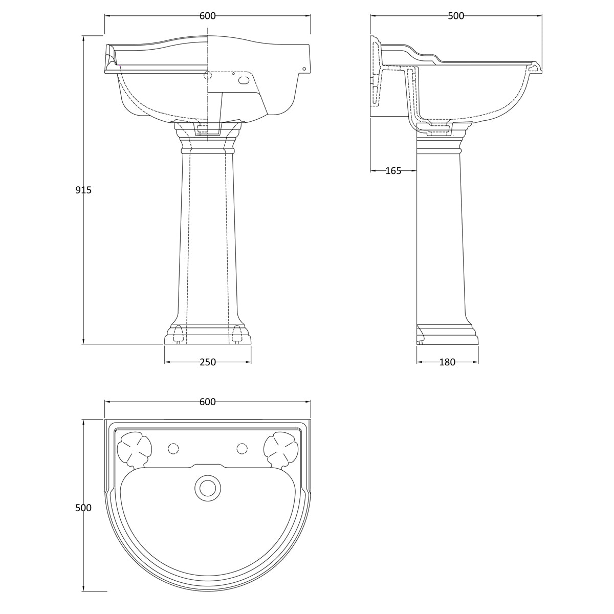 Fairford Winchester Pro 600mm 2 Tap Hole Basin and Pedestal