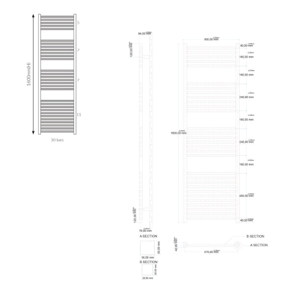 Fairford Simona Designer Towel Rail - 1600mm X 500mm - Chrome