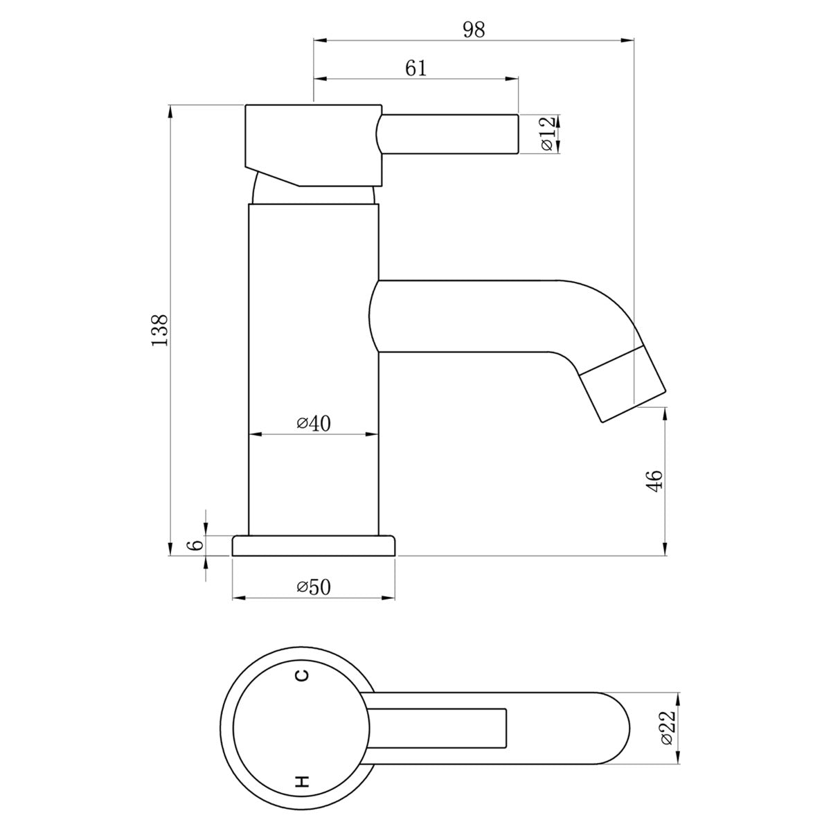 Fairford Element 5 Matt Black Mini Basin Mixer with Push Button Waste