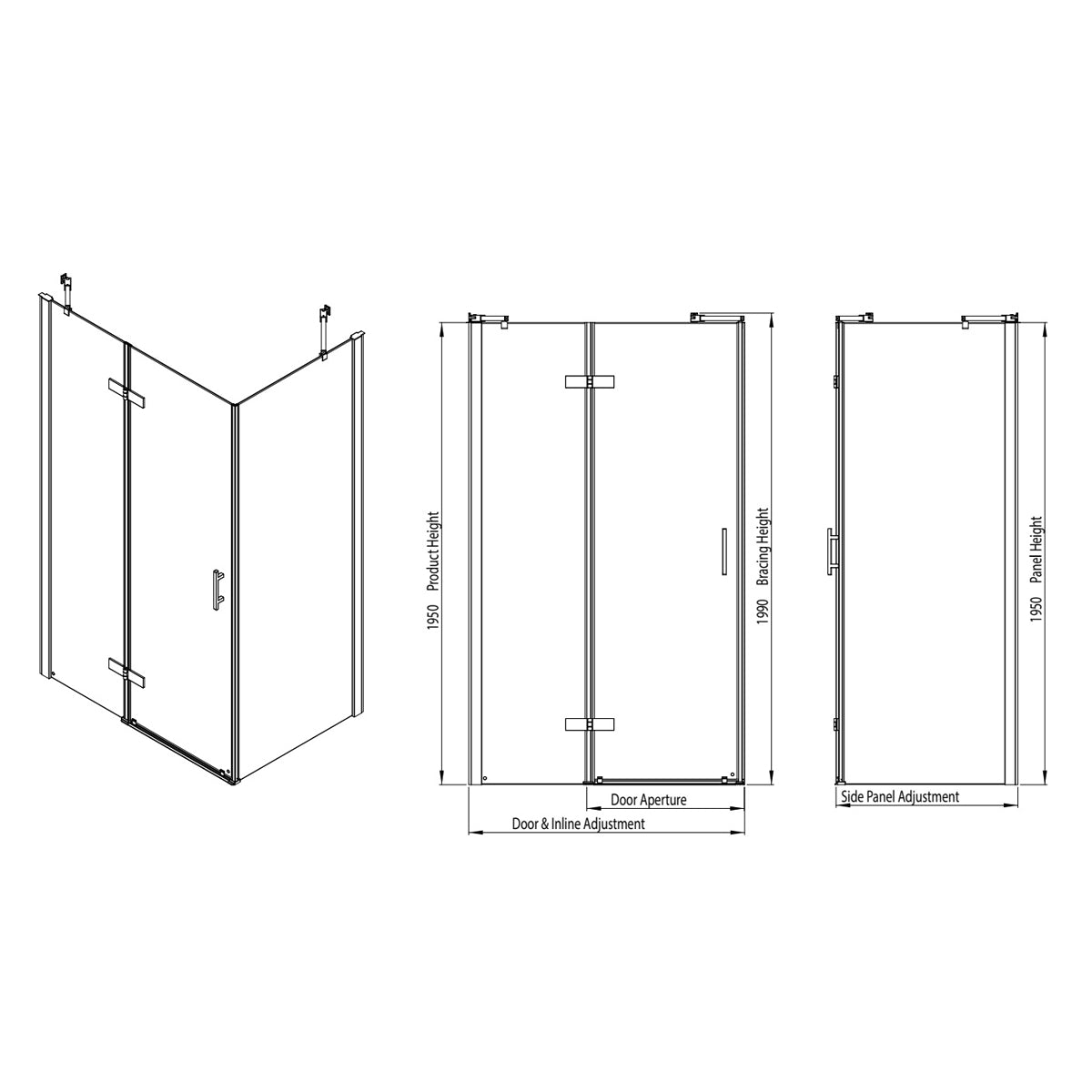 Fairford Pro 8 Brushed Brass 1000mm Frameless 8mm Hinged Shower Door with Inline Panel