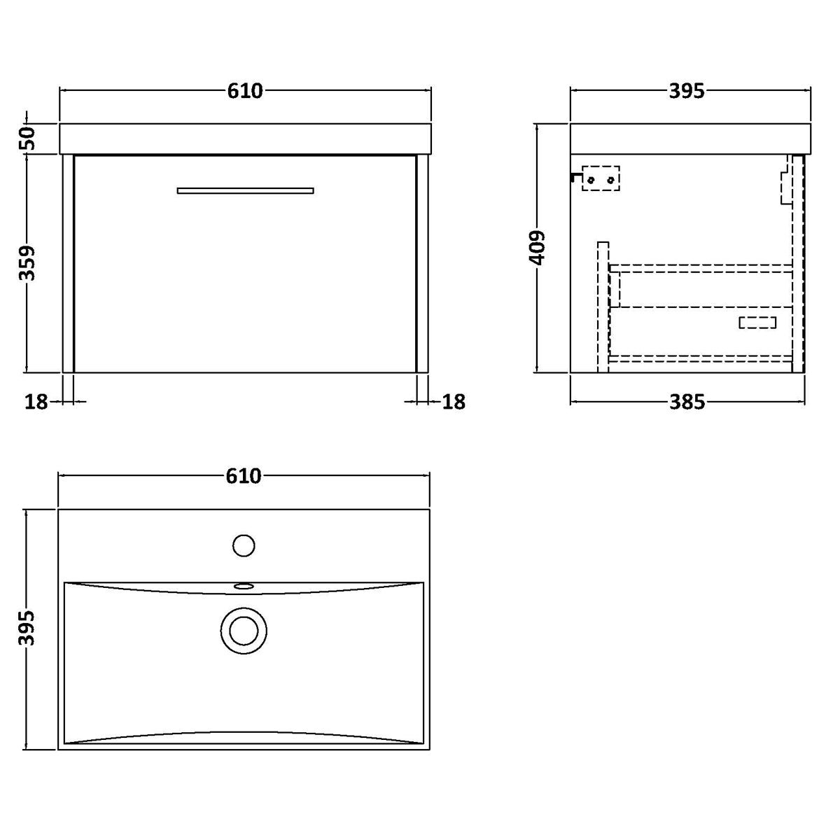 Fairford Anika 600mm Matt Blue 1 Drawer Wall Hung Vanity Unit