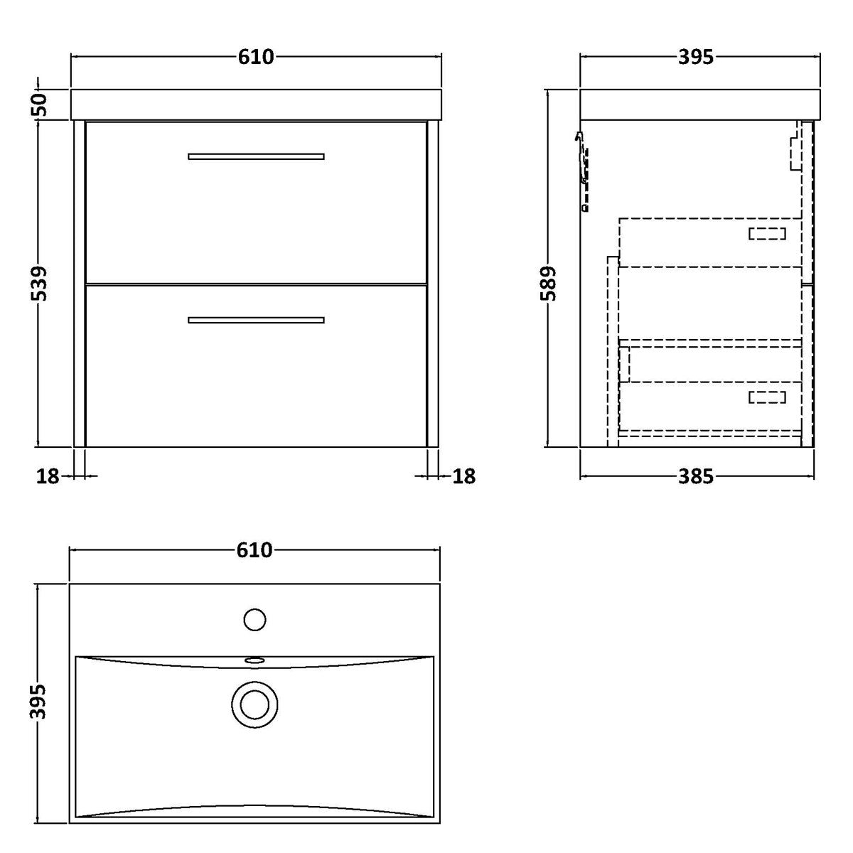 Fairford Anika 600mm Matt Blue 2 Drawer Wall Hung Vanity Unit