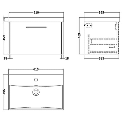 Fairford Anika 600mm Oak Woodgrain 1 Drawer Wall Hung Vanity Unit