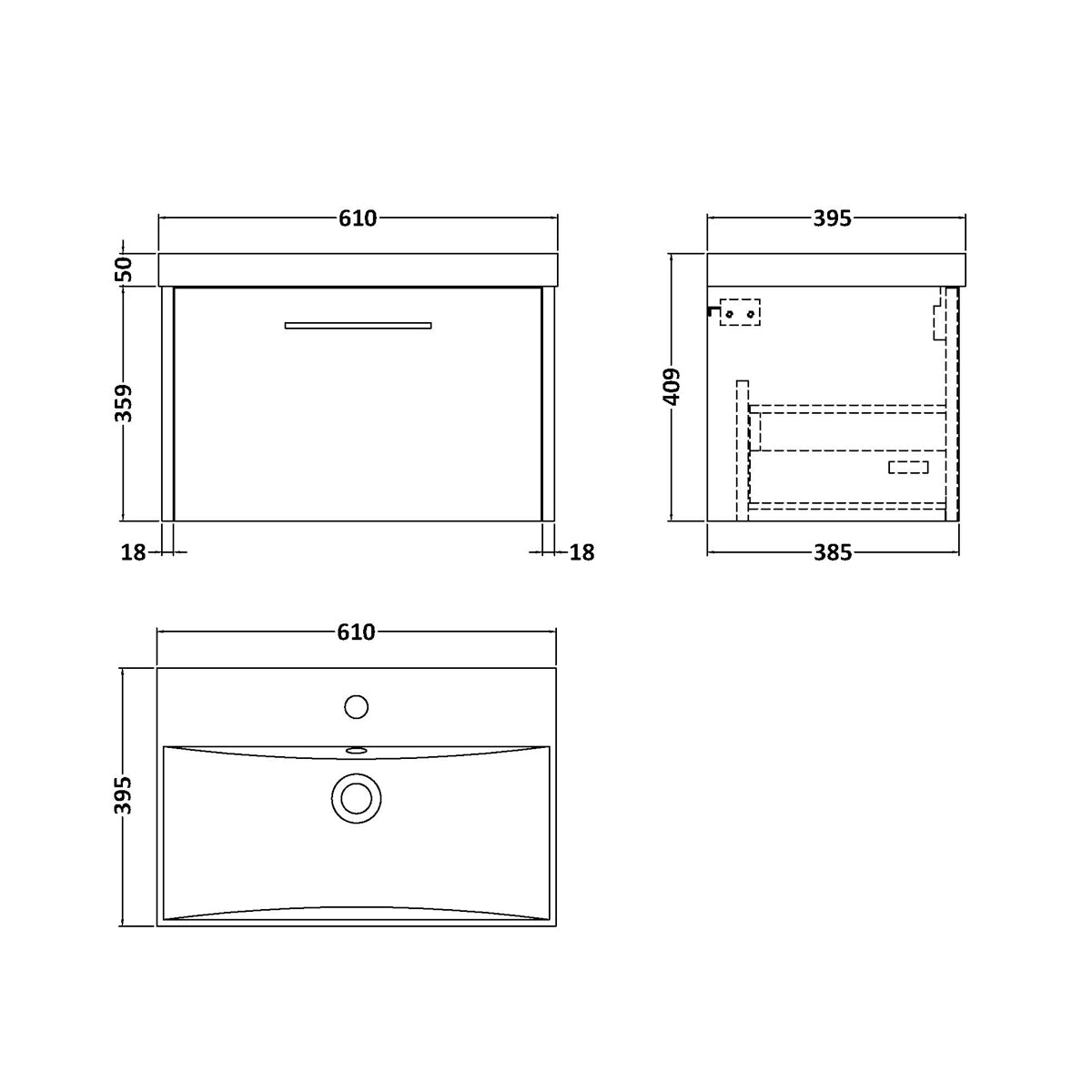 Fairford Anika 600mm White Woodgrain 1 Drawer Wall Hung Vanity Unit