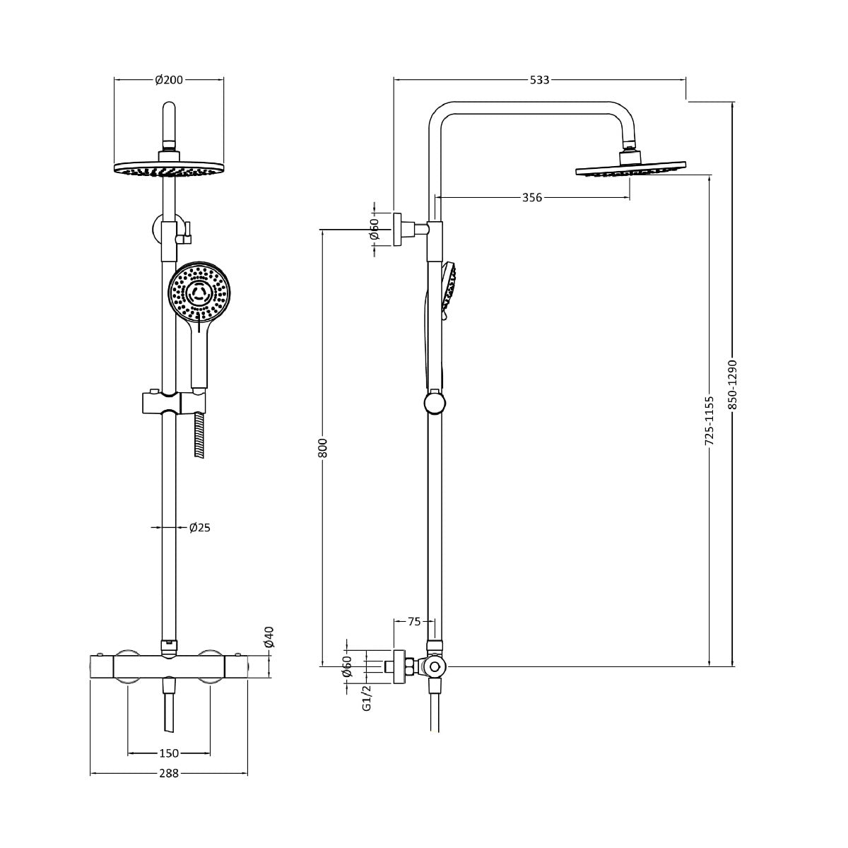 Fairford Element 10 Brushed Gun Metal 2 Oulet Exposed Shower Kit