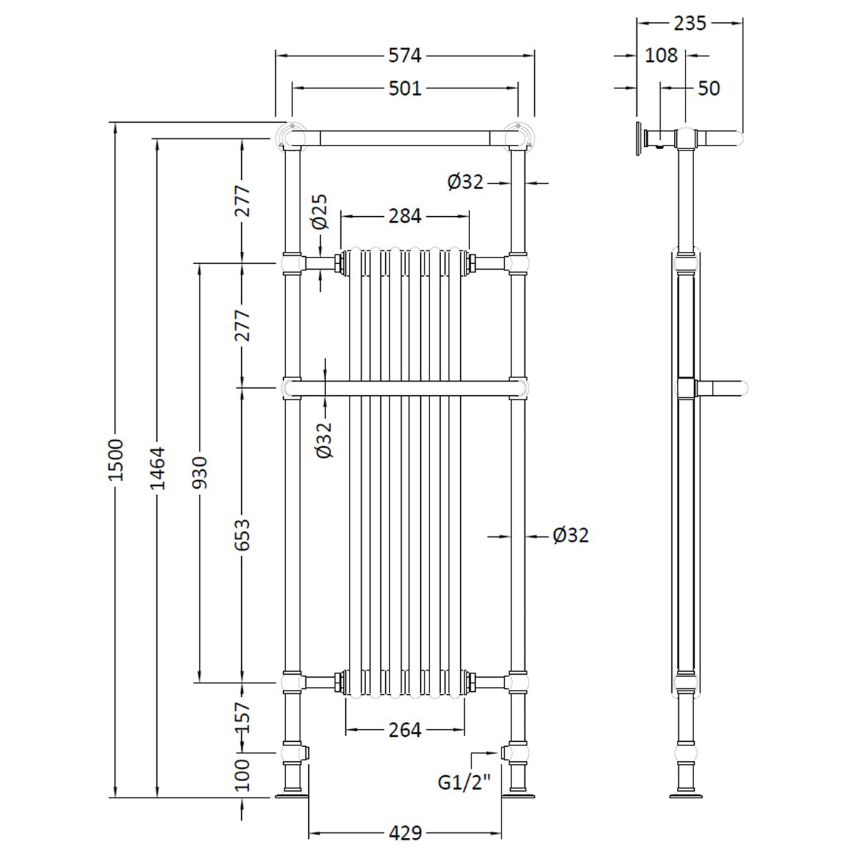 Fairford Cambridge 1500 x 570mm Towel Radiator