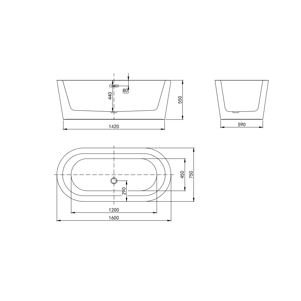 Rivato Luca 1600mm x 750mm x 550mm Gloss White Freestanding Shower Bath