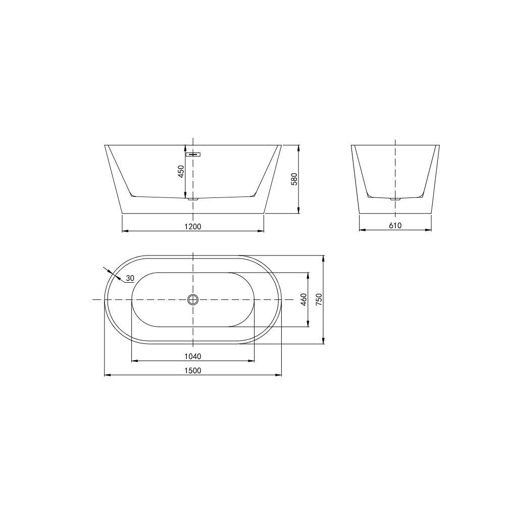 Rivato Modena 1500 x 750 x 580mm Gloss White Freestanding Shower Bath