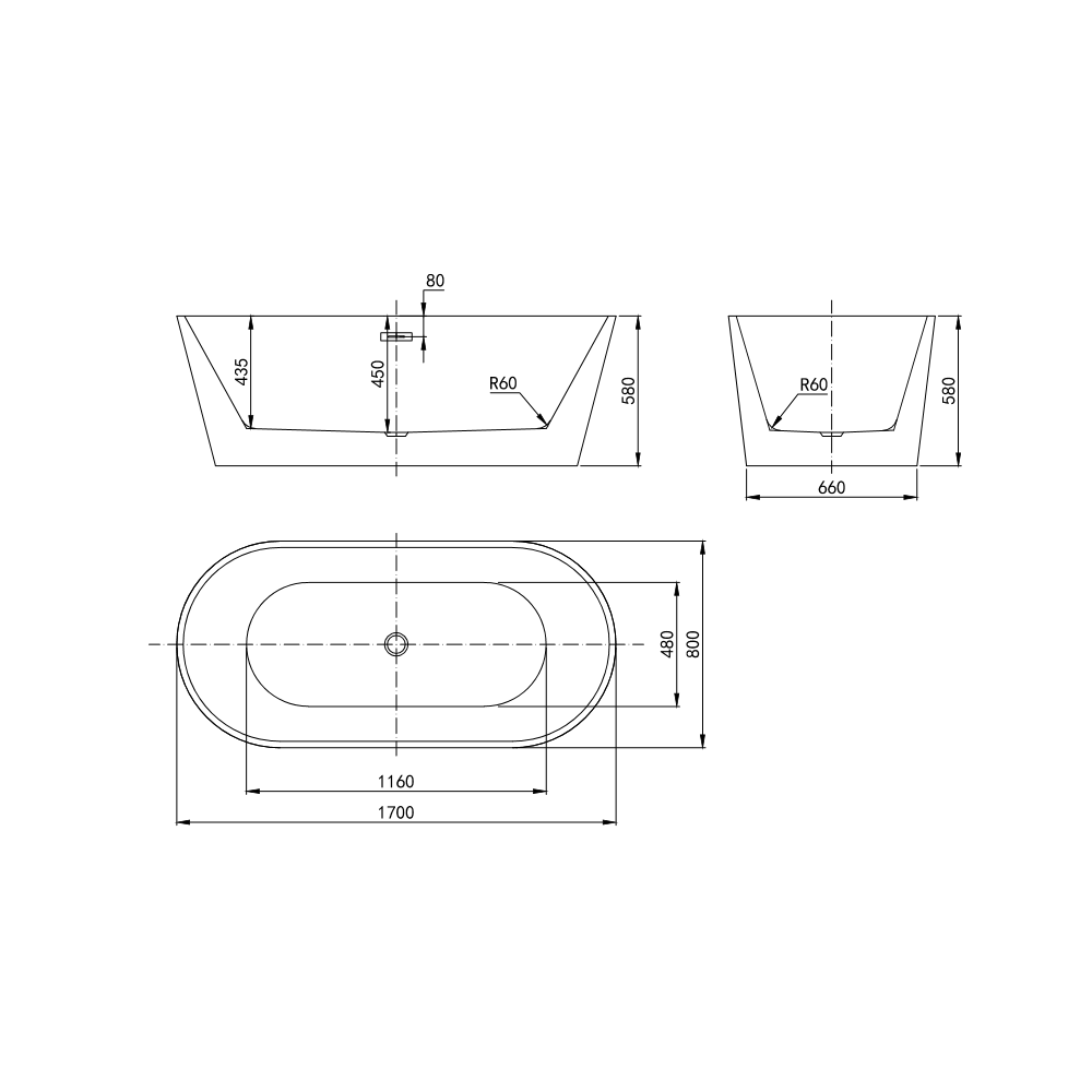 Rivato Modena 1700 x 800 x 580mm Gloss White Freestanding Shower Bath
