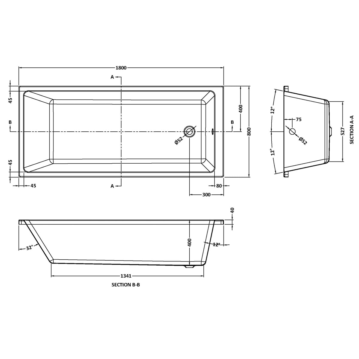 Fairford Una Thin Edge 1800 x 800mm Single Ended Straight Bath