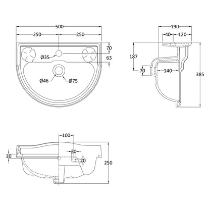Fairford Winchester Pro 500mm 1 Tap Hole Wall Hung Basin