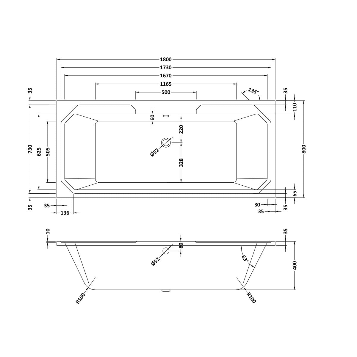 Fairford Cariss 1800 x 800mm Double Ended Traditional Straight Bath