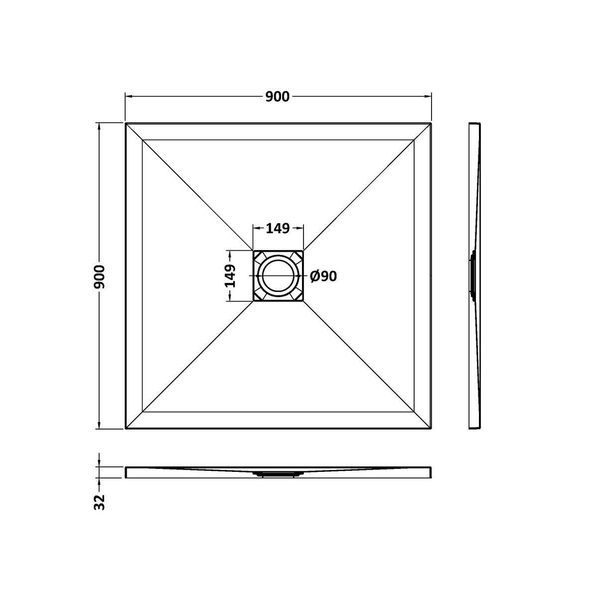 Fairford Square White Slate Shower Tray, Center Waste-900mm x 900mm