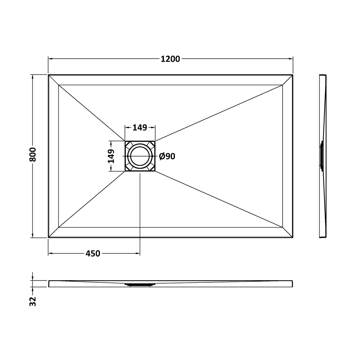 Fairford Rectangular White Slate Shower Tray, Center Waste-1200mm x 800mm
