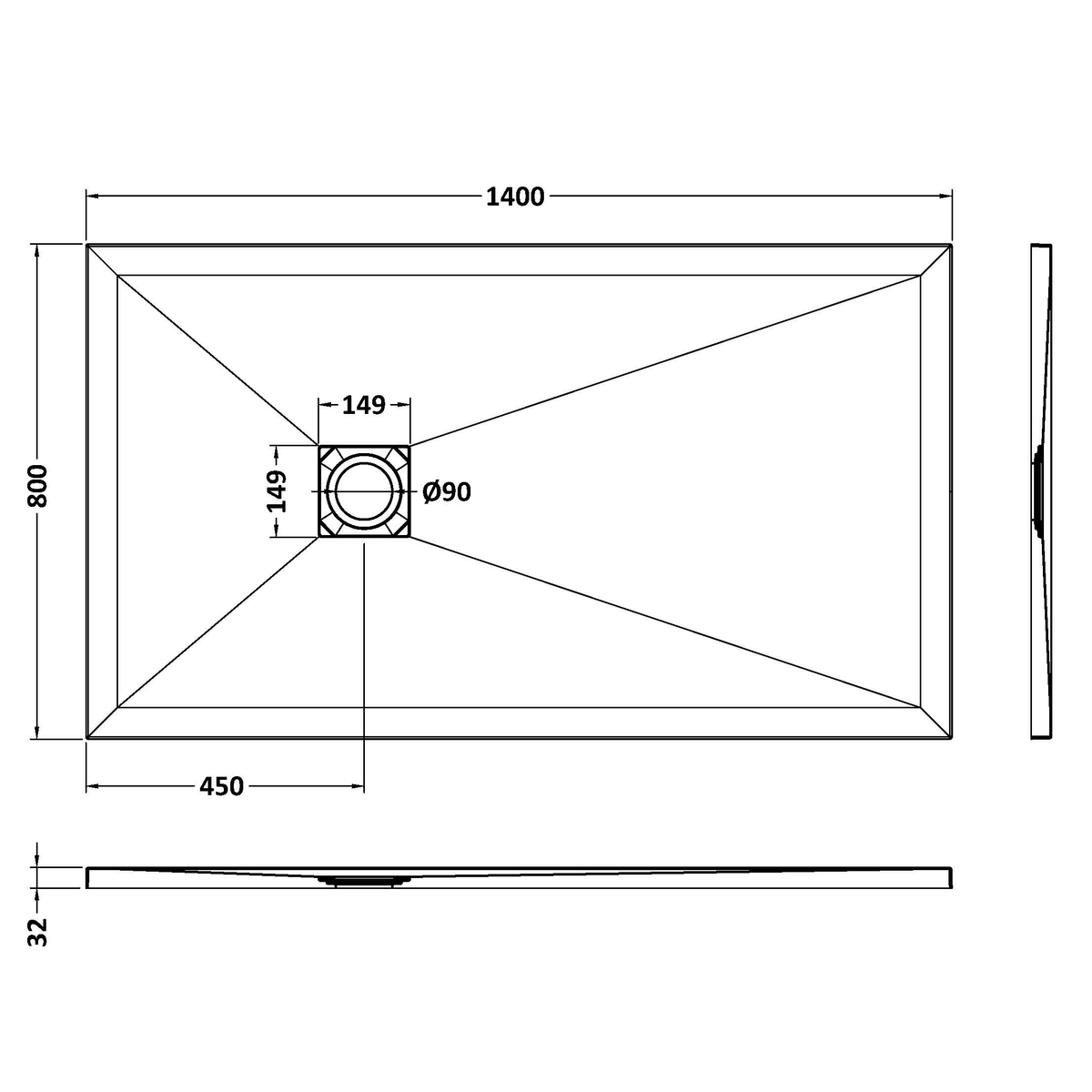 Fairford Rectangular White Slate Shower Tray, Center Waste-1400mm x 800mm