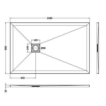 Fairford Rectangular White Slate Shower Tray, Center Waste-1400mm x 900mm