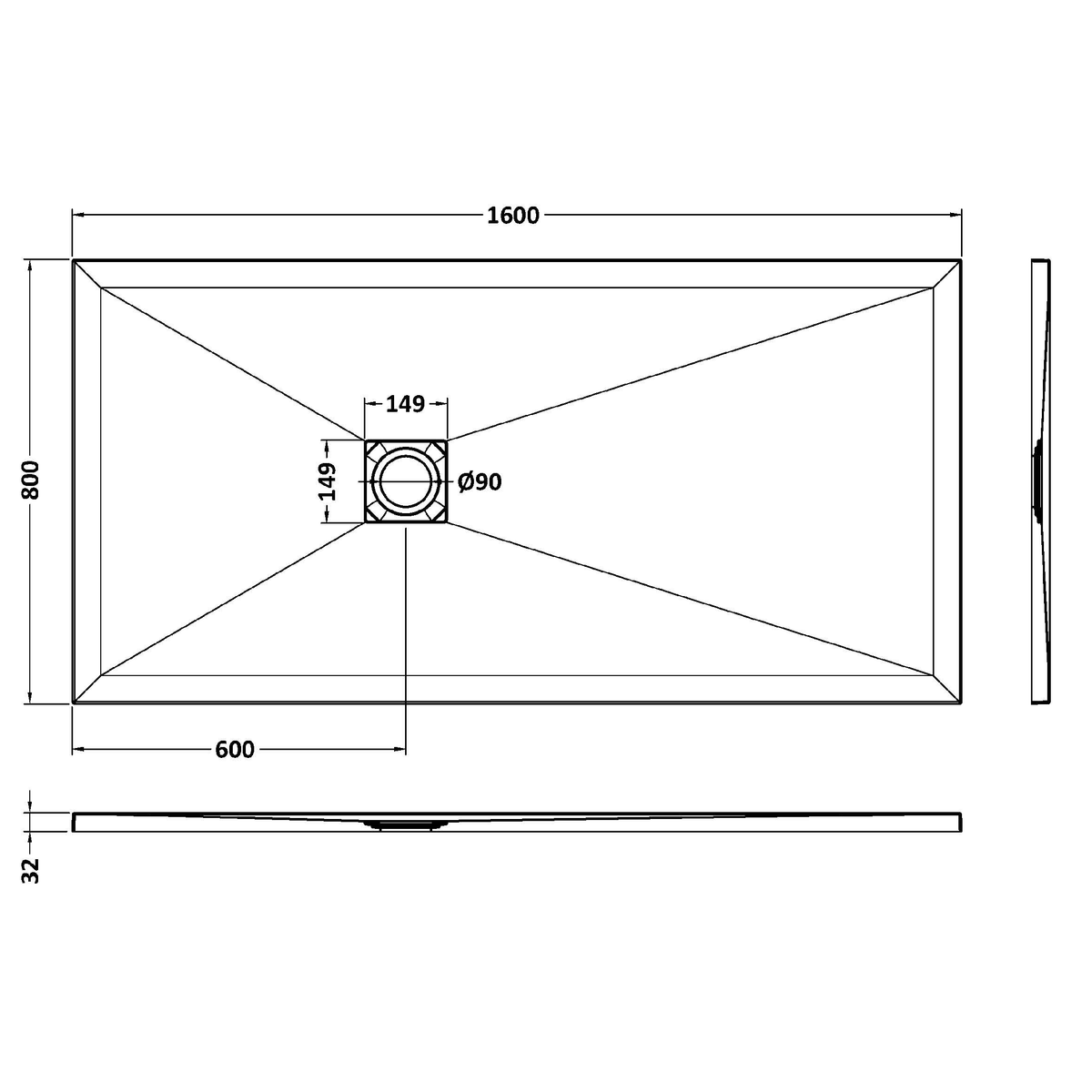 Fairford Rectangular White Slate Shower Tray, Center Waste-1600mm x 800mm