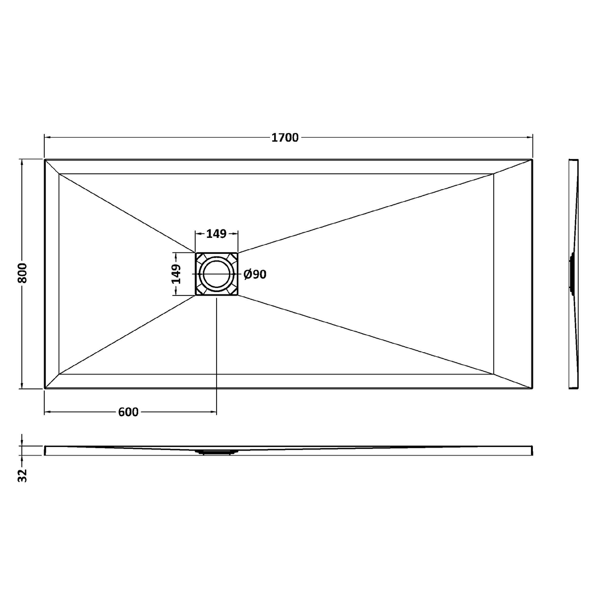 Fairford Rectangular White Slate Shower Tray, Center Waste - 1700mm x 800mm