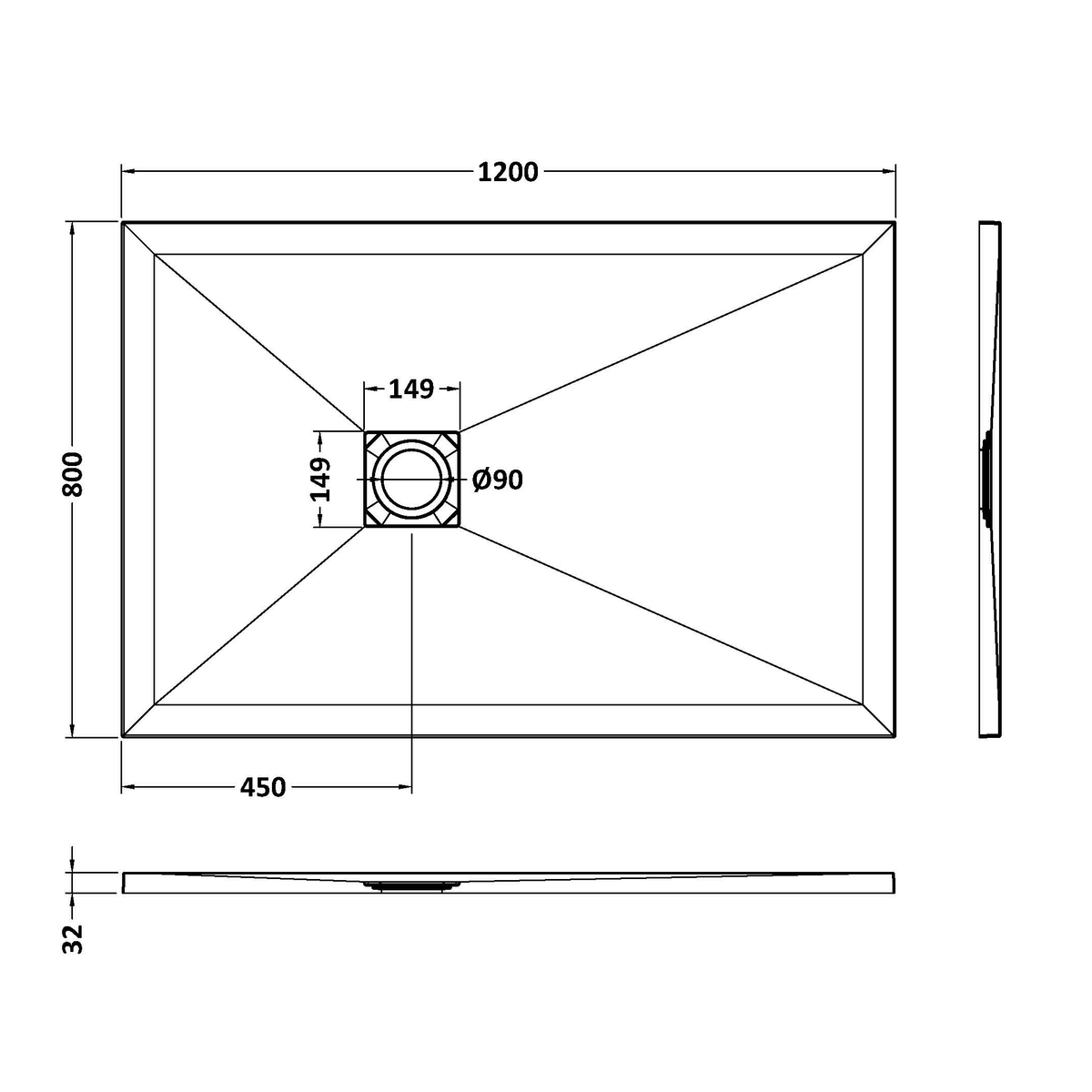Fairford Rectangular Grey Slate Shower Tray, Center Waste-1200mm x 800mm