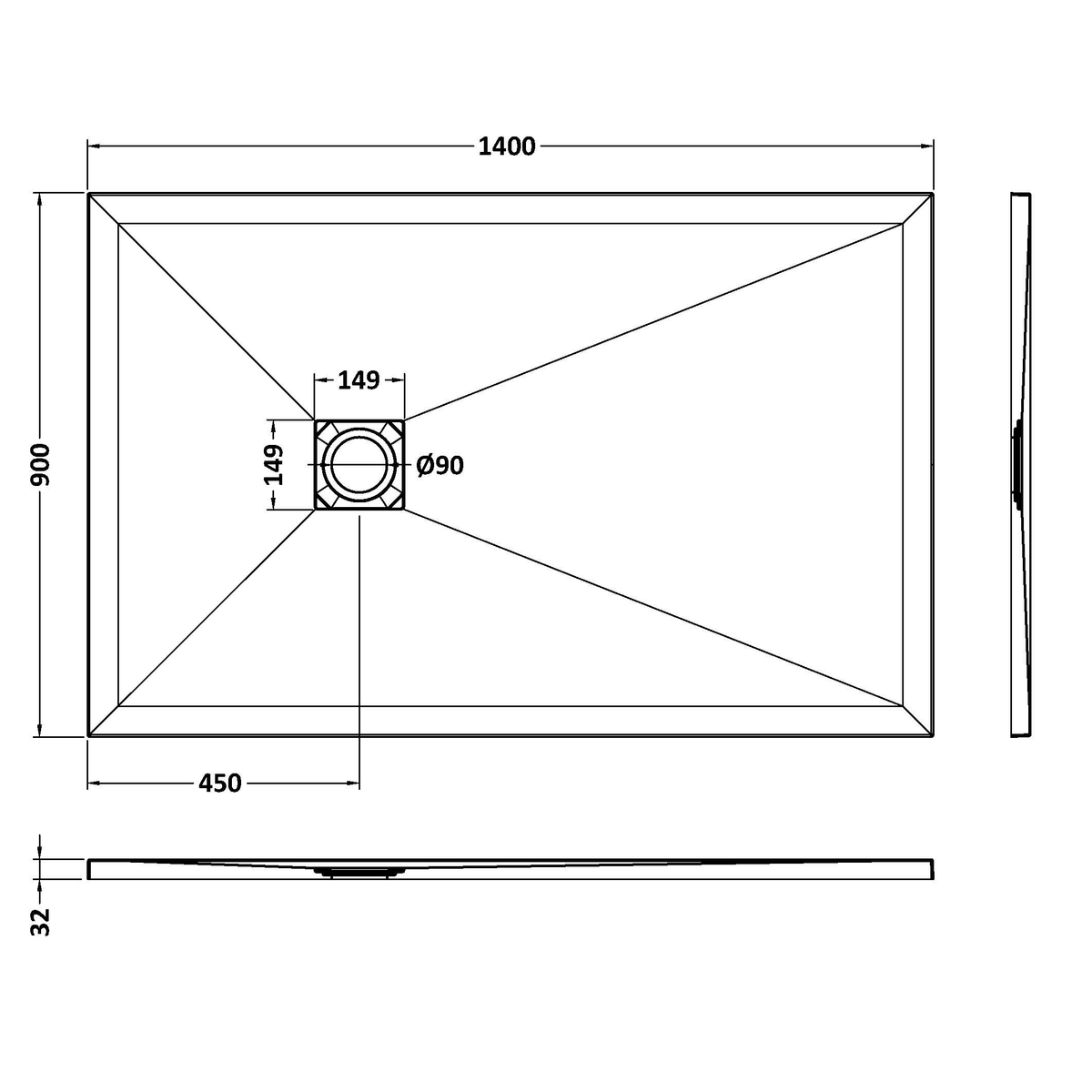 Fairford Rectangular Grey Slate Shower Tray, Center Waste-1400mm x 900mm