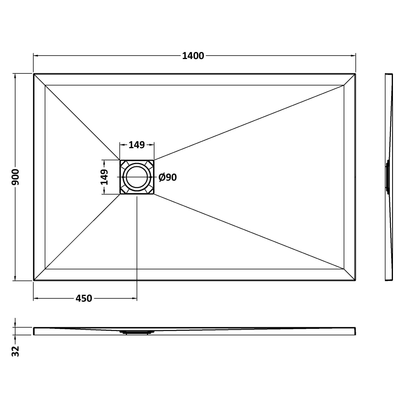 Fairford Rectangular Grey Slate Shower Tray, Center Waste-1400mm x 900mm