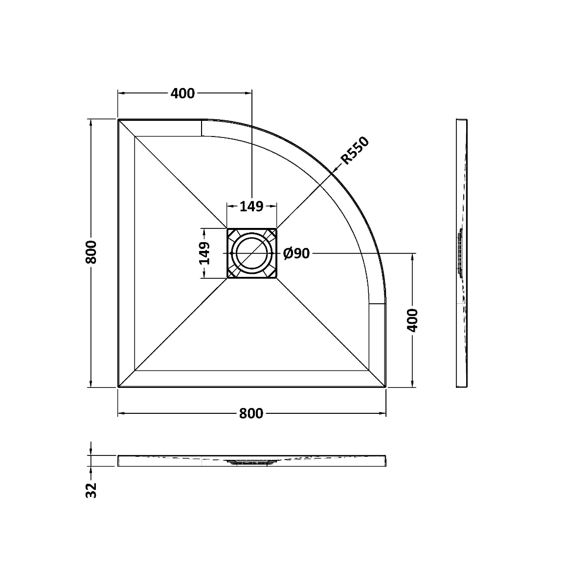 Fairford Quadrant Grey Slate Shower Tray, Center Waste-800mm x 800mm
