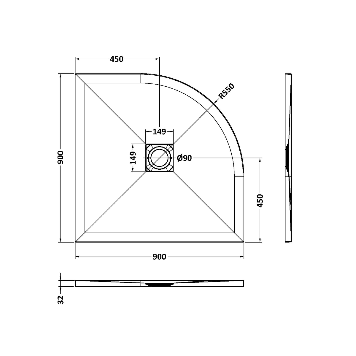 Fairford Quadrant Grey Slate Shower Tray, Center Waste-900mm x 900mm
