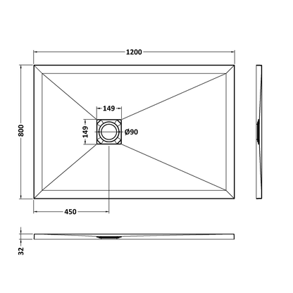 Fairford Rectangular Black Slate Shower Tray, Center Waste-1200mm x 800mm