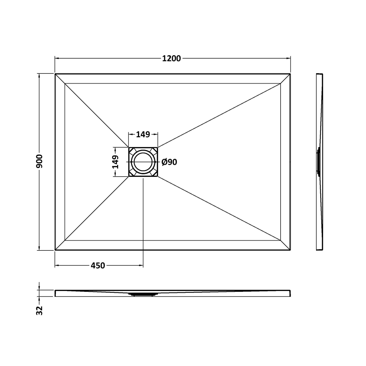 Fairford Rectangular Black Slate Shower Tray, Center Waste-1200mm x 900mm