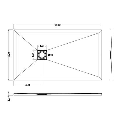 Fairford Rectangular Black Slate Shower Tray, Center Waste-1400mm x 800mm