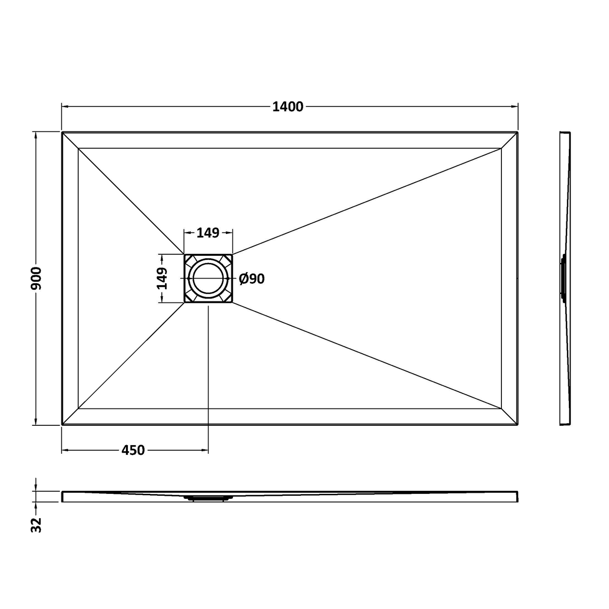 Fairford Rectangular Black Slate Shower Tray, Center Waste-1400mm x 900mm