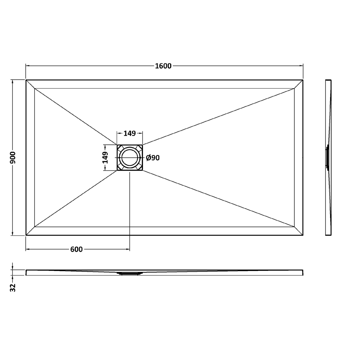 Fairford Rectangular Black Slate Shower Tray, Center Waste-1600mm x 900mm