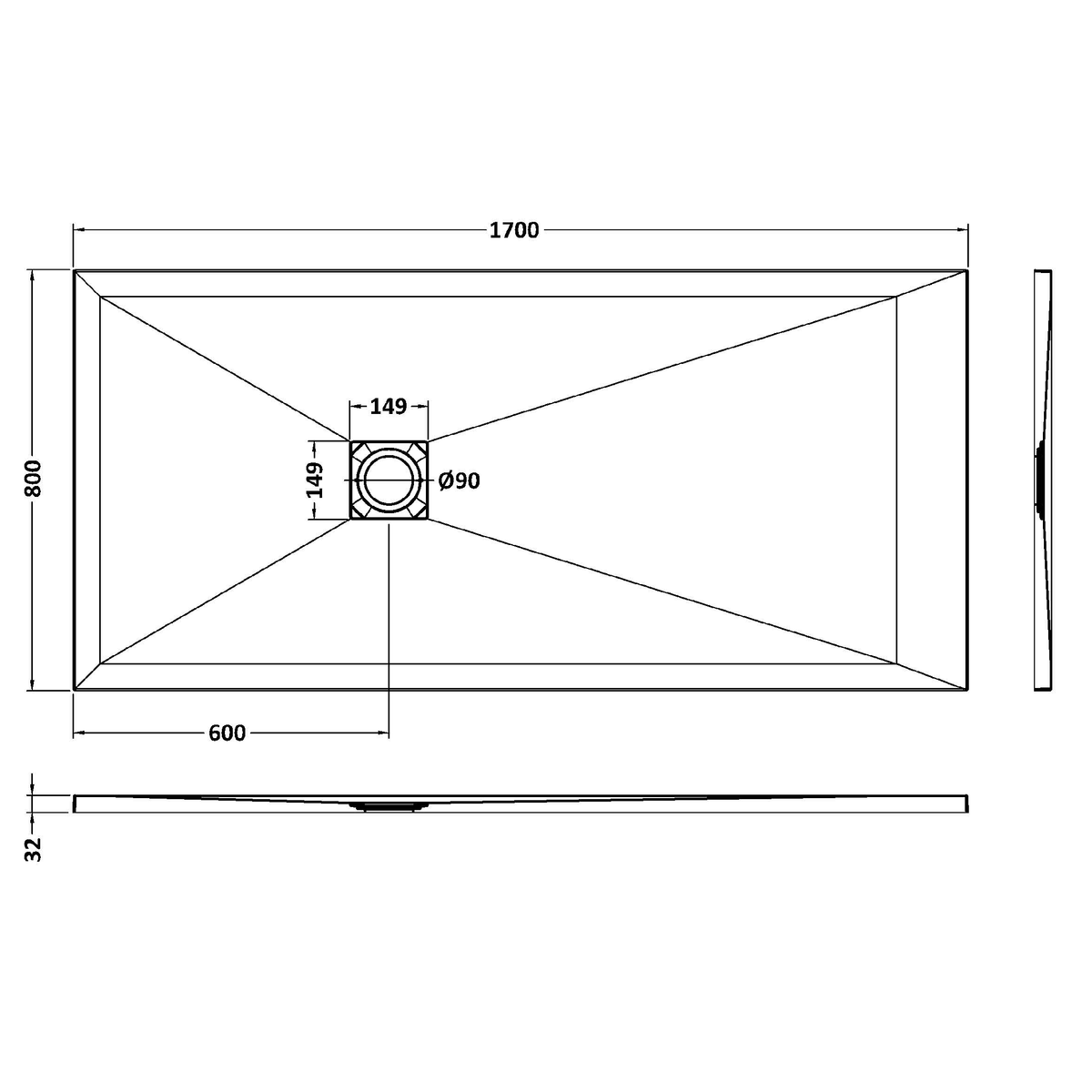 Fairford Rectangular Black Slate Shower Tray, Center Waste-1700mm x 800mm