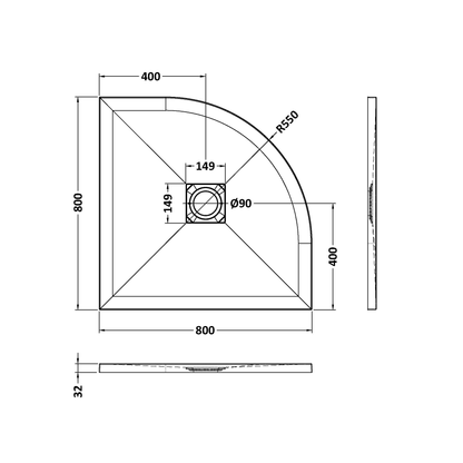 Fairford Quadrant Black Slate Shower Tray, Center Waste-800mm x 800mm