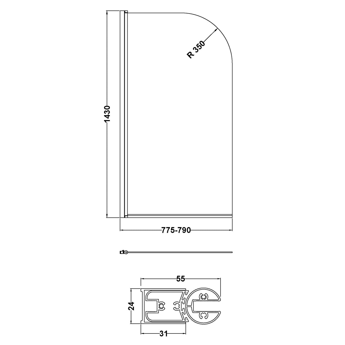 Fairford 6mm Brushed Brass Radius Bath Screen