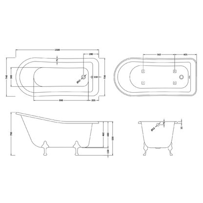 Fairford Portchester 1500mm Freestanding Baths - Various Feet Options-Pride Feet