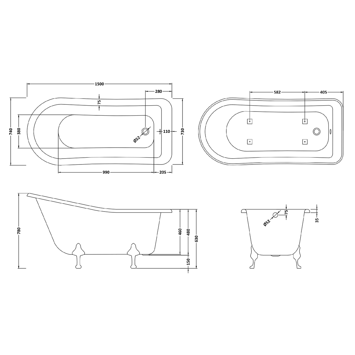 Fairford Portchester 1500mm Freestanding Baths - Various Feet Options-Corbel Feet