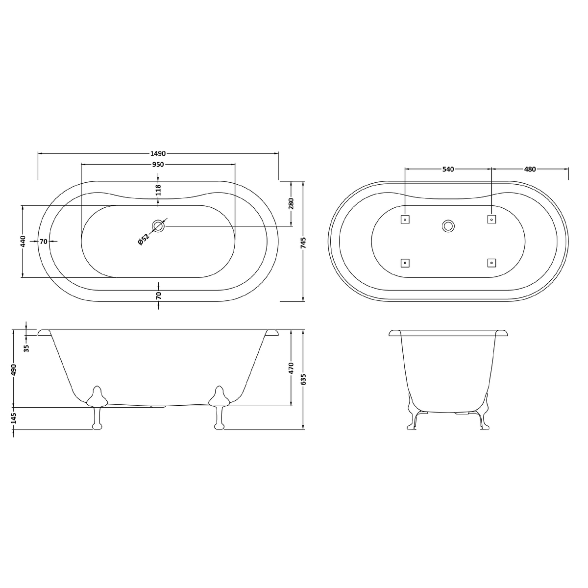 Fairford Bolsover 1500mm Freestanding Baths - Various Feet Options-Pride Feet