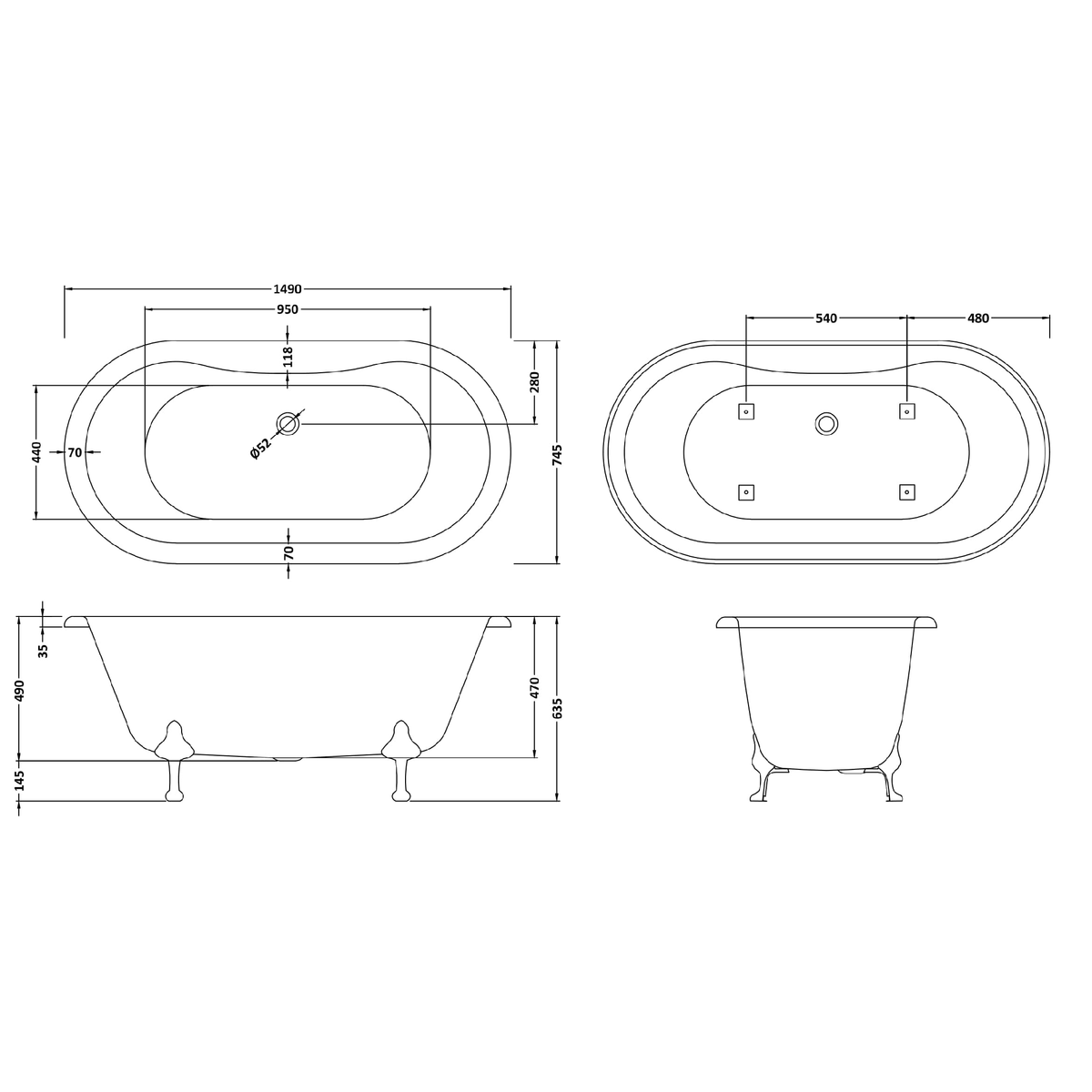 Fairford Bolsover 1500mm Freestanding Baths - Various Feet Options-Deacon Feet