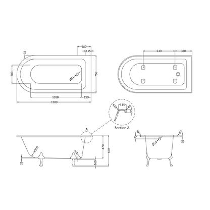 Fairford Middleham 1500mm Freestanding Baths - Various Feet Options-Pride Feet
