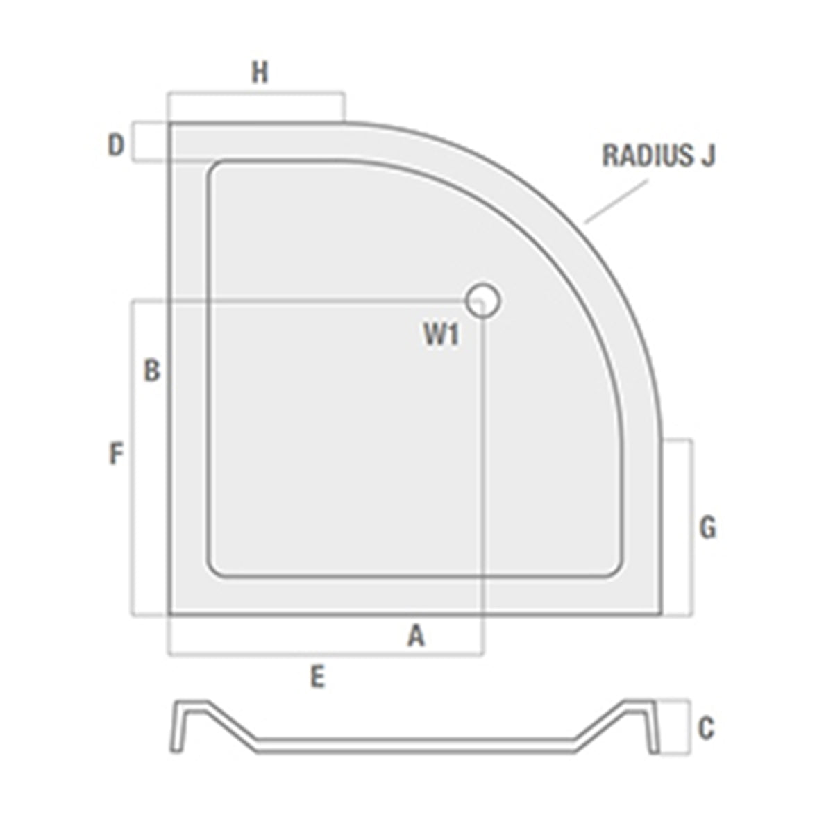 1000 x 1000mm quadrant tray dimension drawing