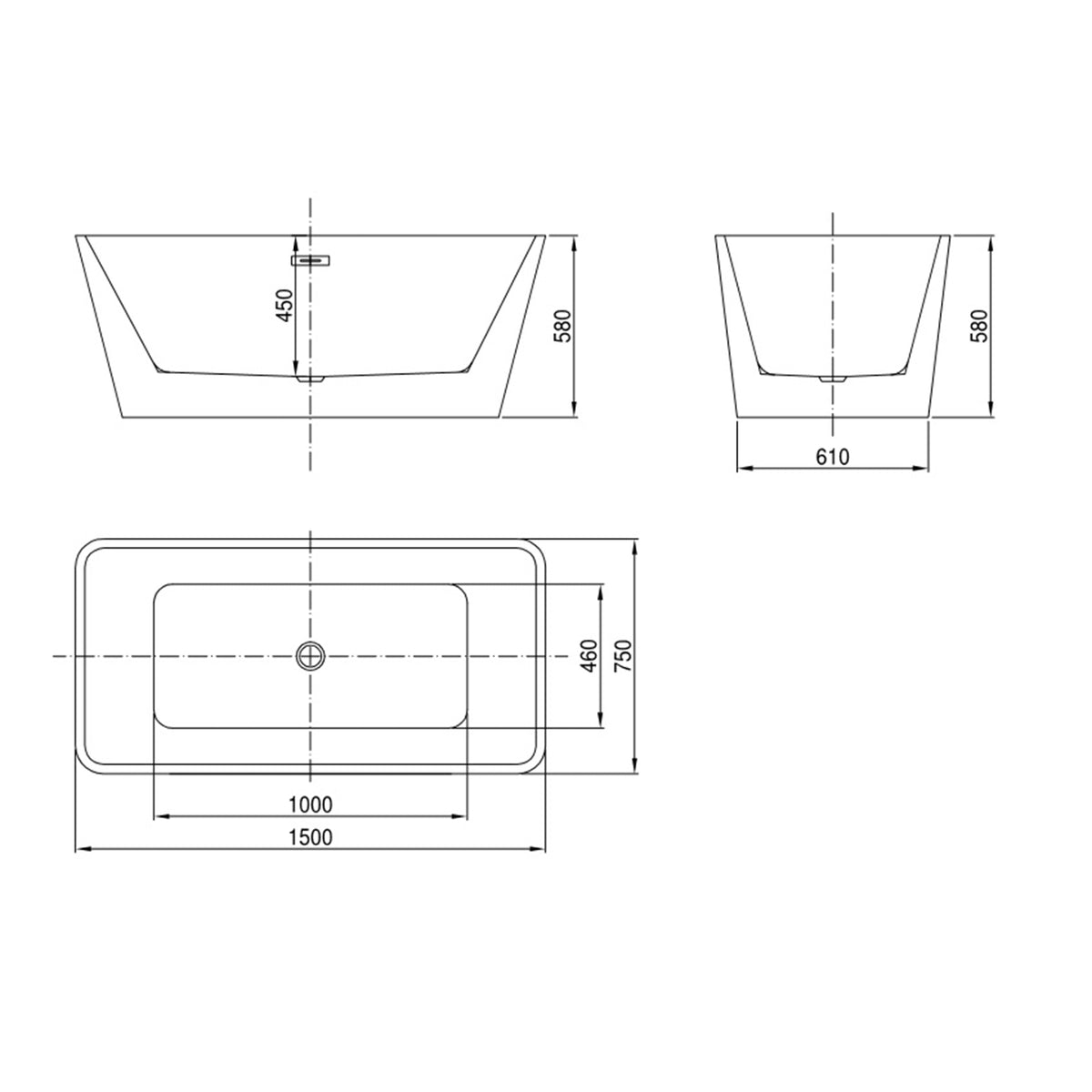 Rivato Turin 1500mm x 750mm x 580mm Gloss White Freestanding Shower Bath