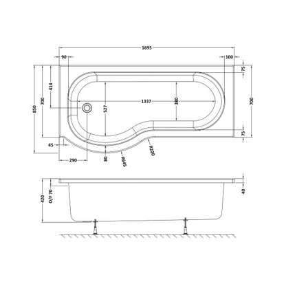 Fairford 1700 x 850mm Left Hand P Shaped Shower Bath