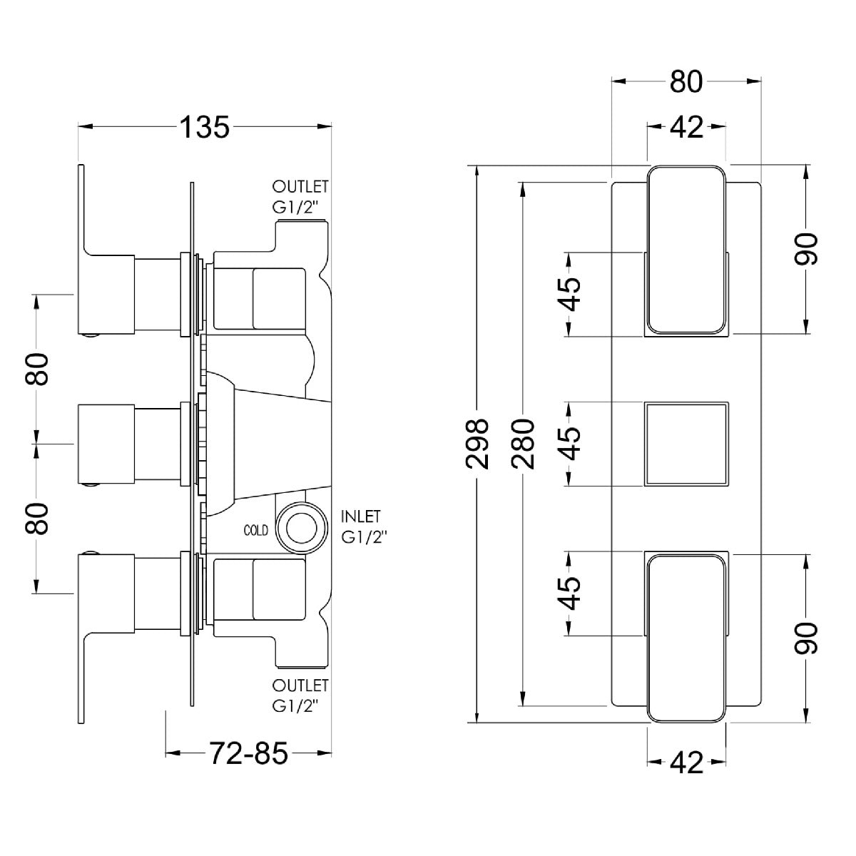 Fairford Una Grace Matt Black Square Concealed Triple Shower Valve, 2 Outlet