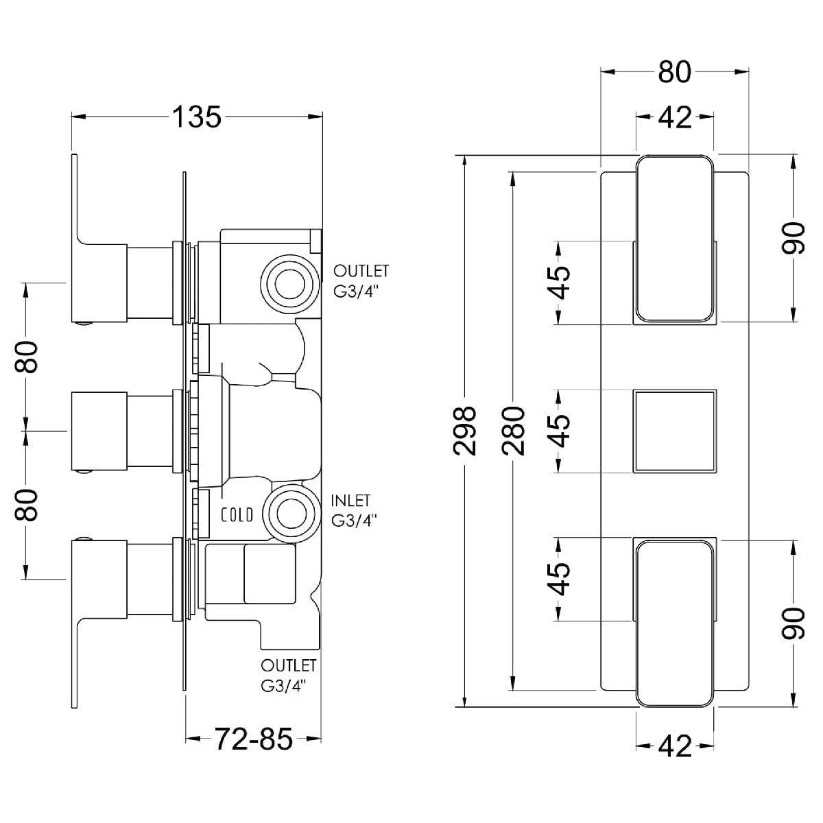 Fairford Una Grace Brushed Gun Metal Square Concealed Triple Shower Valve with Diverter, 3 Outlet