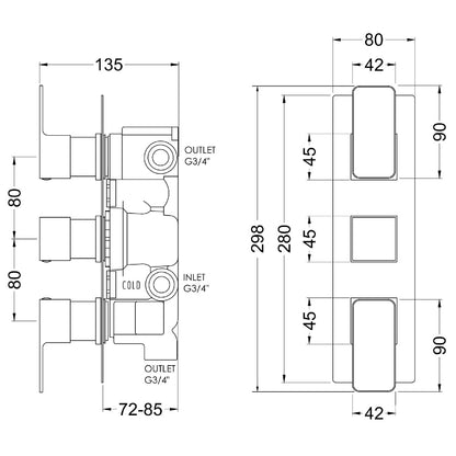 Fairford Una Grace Brushed Gun Metal Square Concealed Triple Shower Valve with Diverter, 3 Outlet