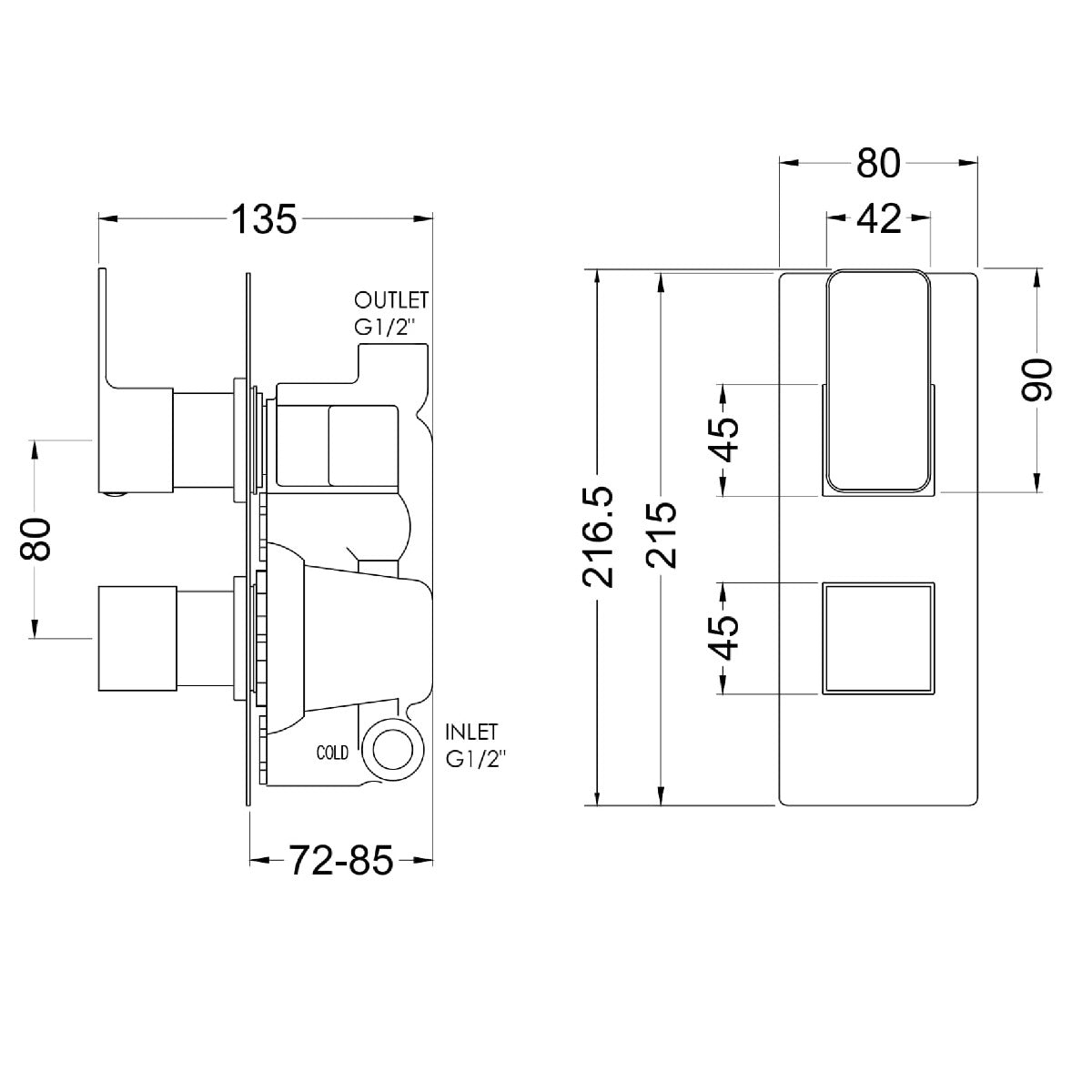 Fairford Una Grace Brushed Gun Metal Square Concealed Twin Shower Valve, 1 Outlet