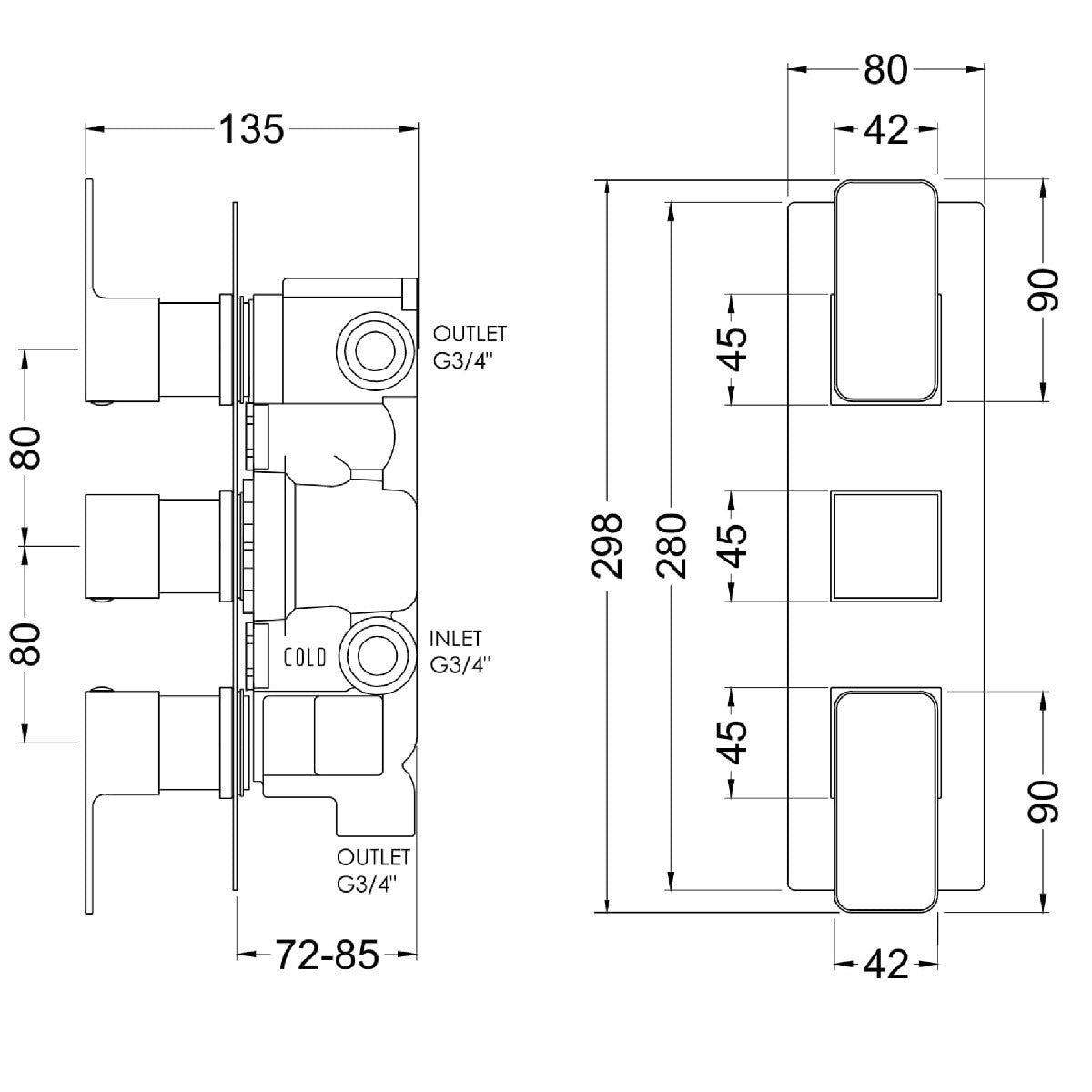Fairford Una Grace Brushed Brass Square Concealed Triple Shower Valve with Diverter, 3 Outlet
