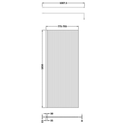 Fairford 800mm Brushed Brass Fluted 8mm Wetroom Screen - 1850mm High