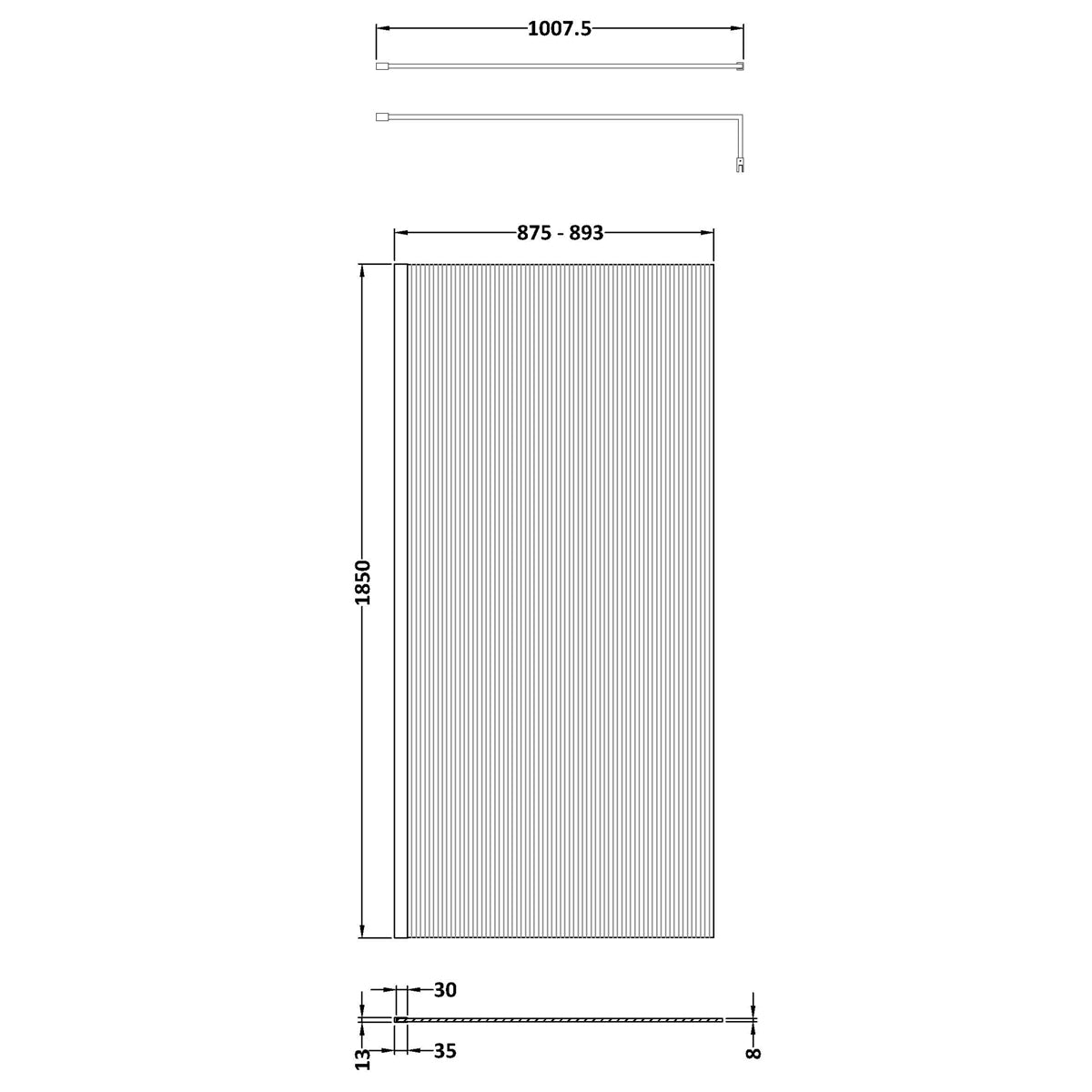 Fairford 900mm Matt Black Fluted 8mm Wetroom Screen - 1850mm High